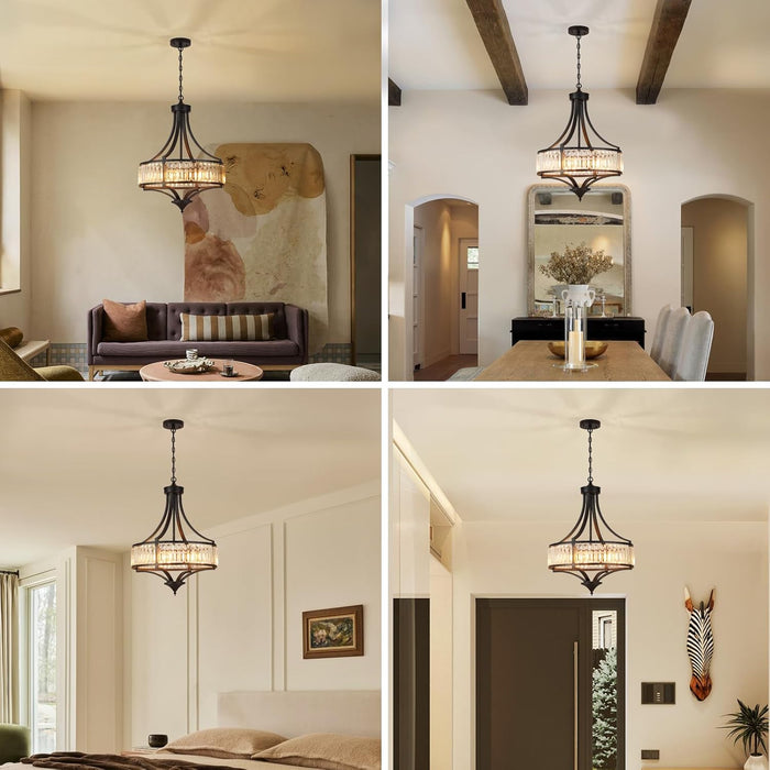 Modern Black Crystal Chandelier, 20 Inch Large Ceiling Pendant Light Fixture with 50'' Adjustable Hanging Chain, 5-Light Farmhouse Chandelier for Dining Room, Living Room, Bedroom, Entryway