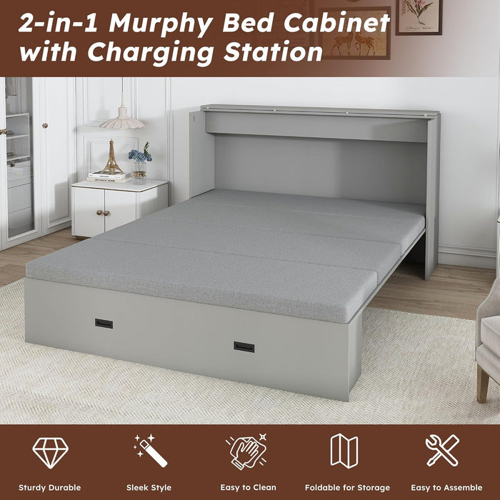 57" Full Murphy Bed W/Charging Station, Mattress & Drawers, Wall Cabinets Murphy Storage Bed W/Foldable Panels & Swivel Wheels for Bedroom/Guest Room/Living Room