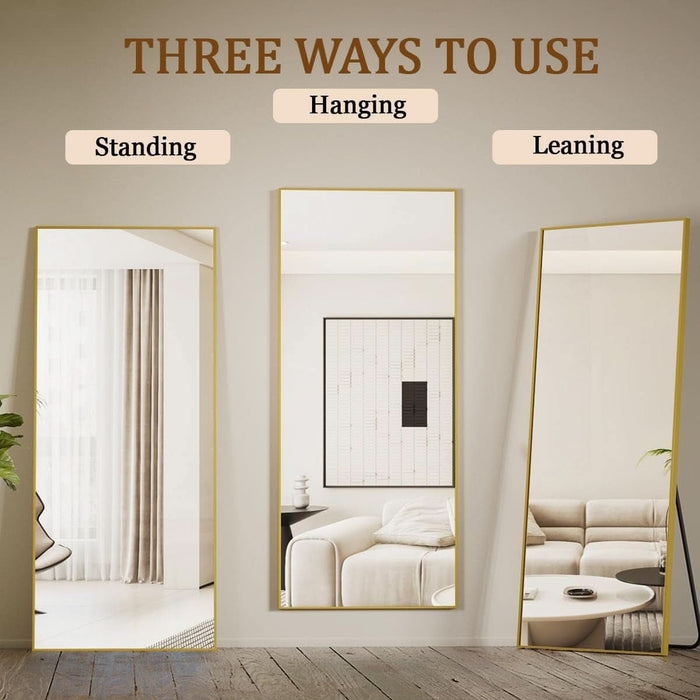 65"X24" Floor Mirror Full Length, Bedroom Floor Body Mirror with Stand, Large Gold Mirror, Leaning, Standing or Hanging Horizontally/Vertically