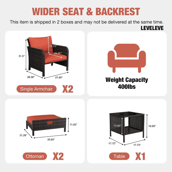 Patio Conversation Set 5 Piece, Balcony Furniture Outdoor PE Rattan Wicker Lounge Chairs with Soft Cushions, 2 Ottomans & Glass Table for Porch Lawn, Brown (Orange Red Cushions