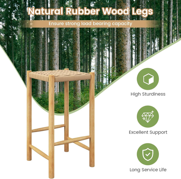 26" Counter Height Wood Bar Stools Set of 2, Boho Rattan Barstools, Max Load 330 Lbs, Armless Saddle Kitchen Stools, Backless Wicker Bar Stools for Kitchen Counter Indoor Outdoor