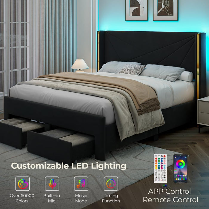 Full Size Bed Frame with Storage Drawers and Wingback Headboard, Velvet Upholstered Full Bed Frames Platform Bed with LED Lights, Wooden Slats Support, No Box Spring Needed, Noise-Free, Black