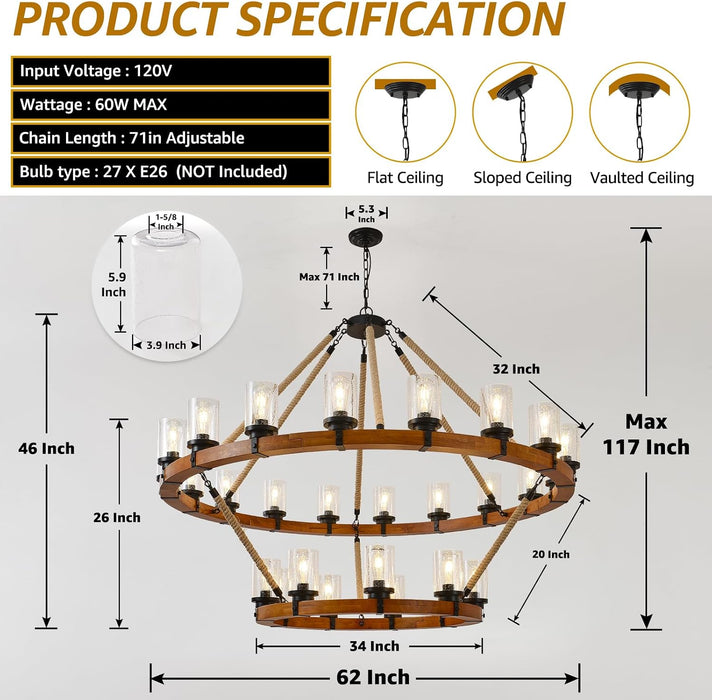 60" 2-Tier Wagon Wheel Chandelier 27-Light Extra Large Wood Chandeliers