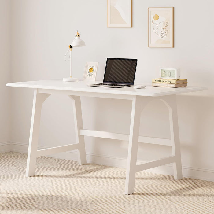 Solid Wood Writing Table - 48" W Minimalist PC Computer Desk, White