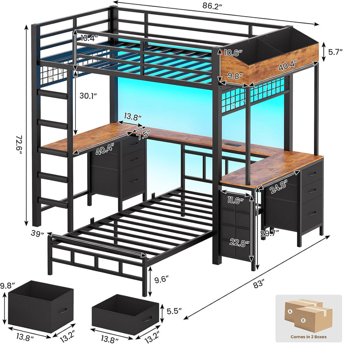 Black Industrial Twin Bunk Bed Desk BuiltInStorageDrawers