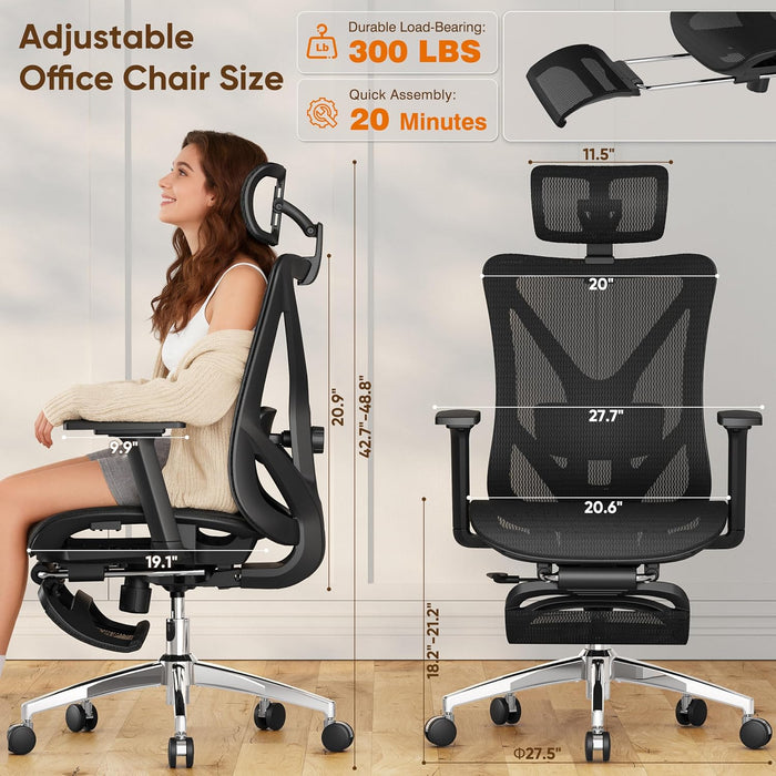 Ergonomic Office Chair with Footrest, 135° Reclining Desk Chair with Adjustable Lumbar Support,3D Armrest,Headrest & Large Steel Base, 300LBS Heavy Duty Mesh Chair