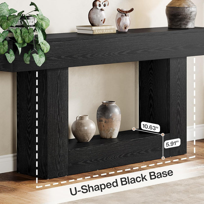 63" Console Table, Farmhouse 2-Tier Entryway Table with U-Shaped Base, Narrow Long Wood Sofa Table behind Couch Table for Living Room, Hallway, Foyer, Black