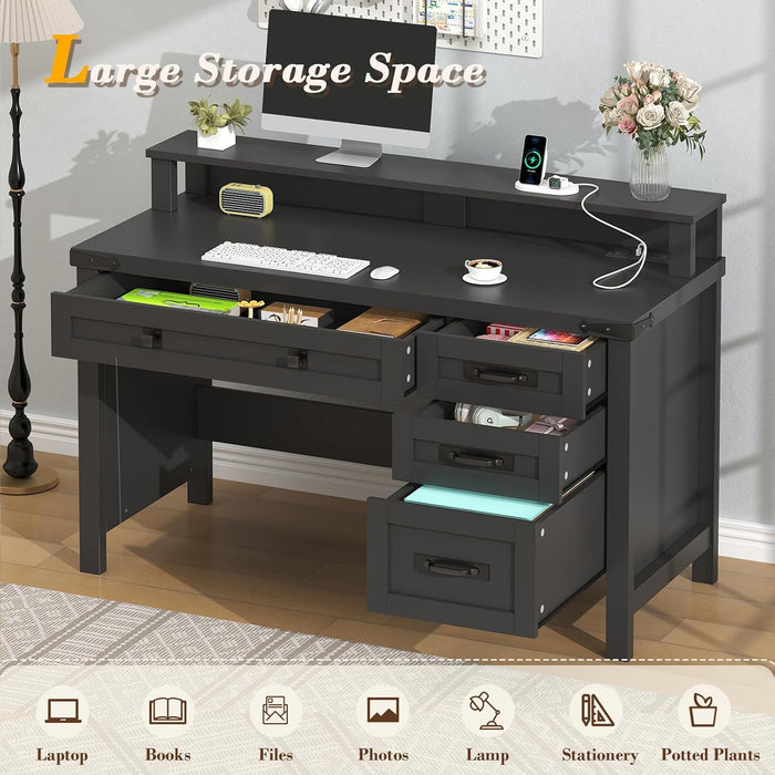 Farmhouse Computer Desk with Drawers, 47" Small Computer Desk with Power Outlets, Home Office Desk with Monitor Stand & 4 Drawers, Writing Study Table, Black