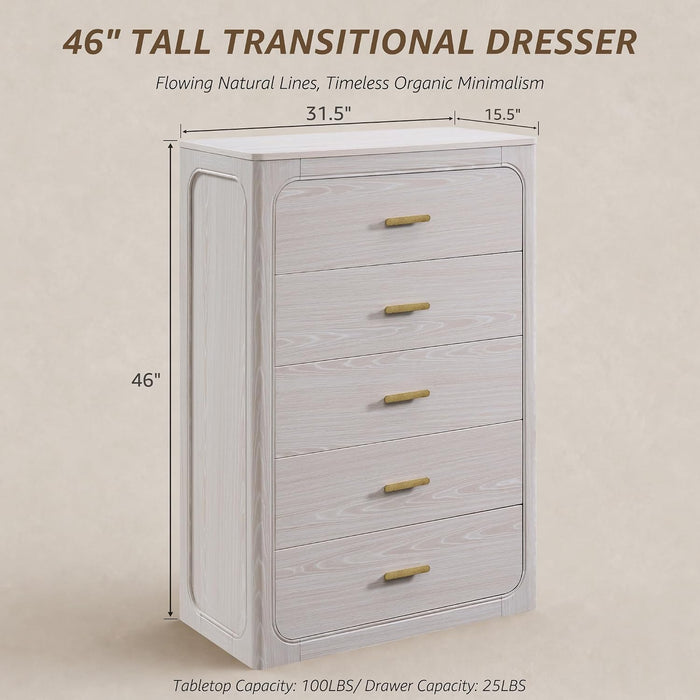 46" Tall Transitional 5-Drawer Dresser for Bedroom, Frosted Oak