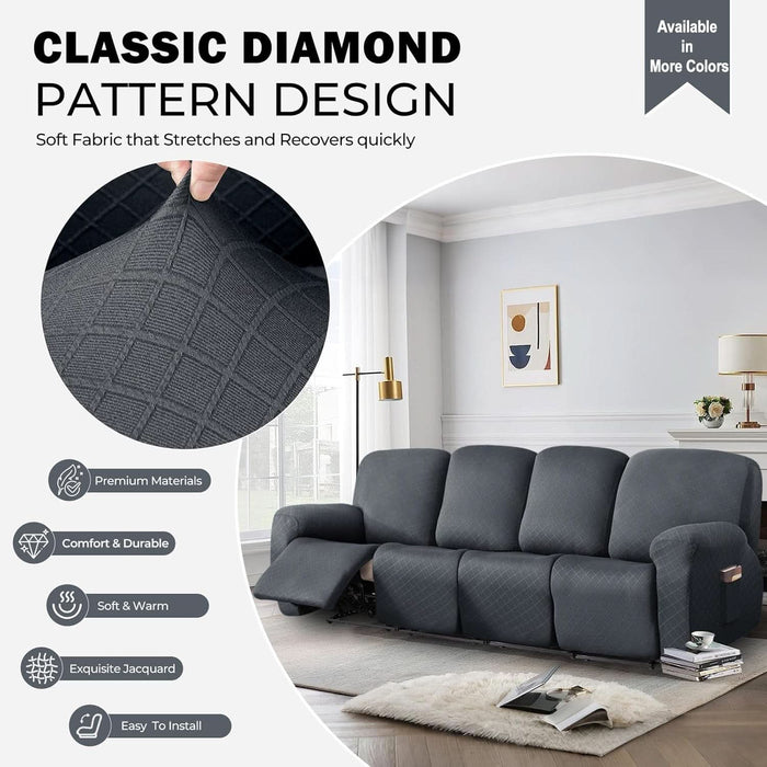 Diamond Recliner Sofa Covers 10-Pieces Stretch Large RV Couch Covers for 4 Seats Reclining Slipcovers Soft Solid Furniture Protector (Grey,4 Seat)