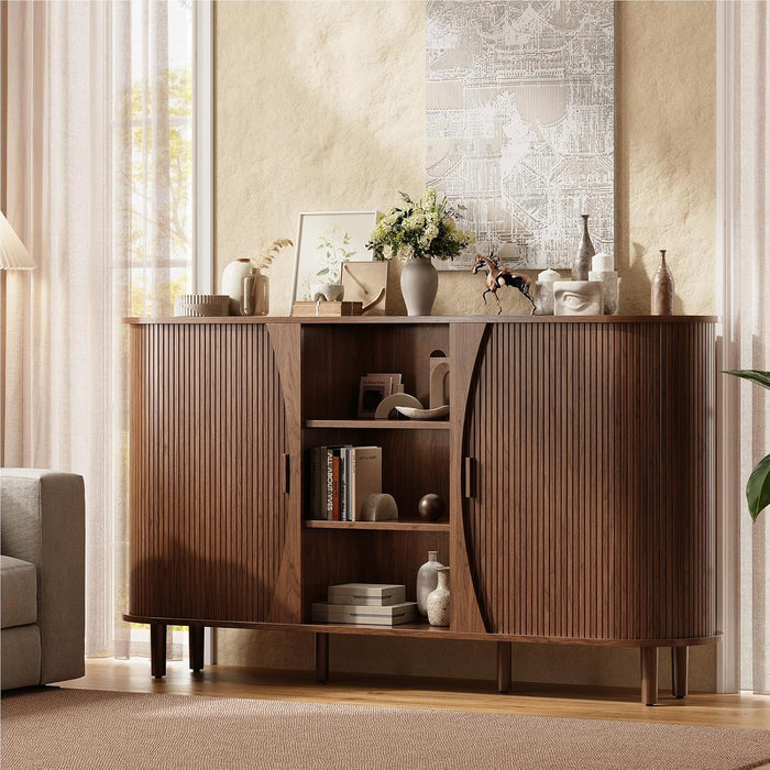 59" Curved Buffet Cabinet with Storage, Sideboard Cabinet with Adjustable Shelves, Mid-Century Modern Buffet Cabinet with Sliding Doors and 6 Wood Legs, Storage Cabinet for Living Room, Walnut
