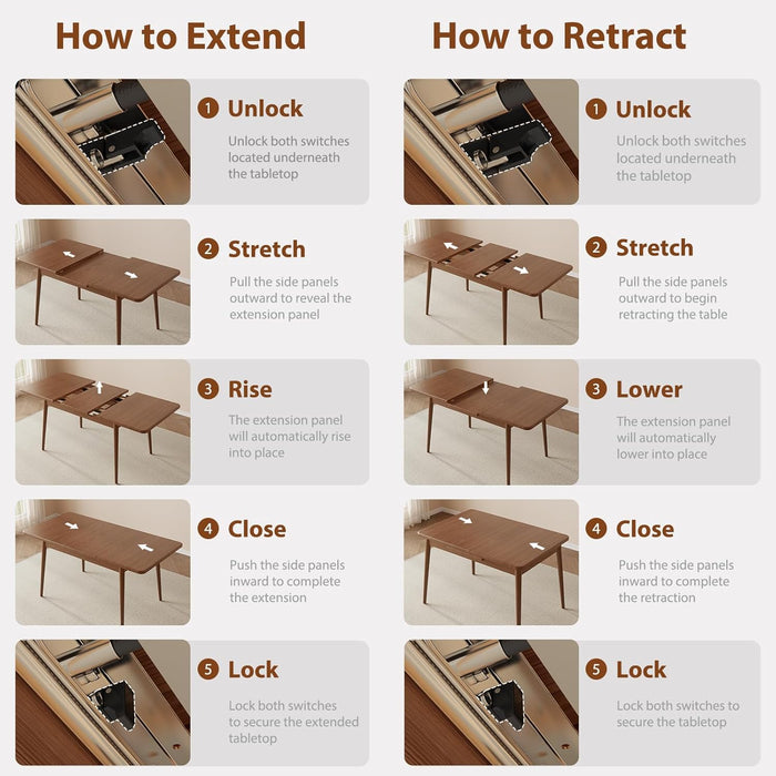 Solid Wood Extendable Dining Table for 4-8 People with Seamless Extension from 47.2 to 63 Inches, Easy Assembly, Expandable Tables for Small Spaces, Dining Room, Kitchen, Living Room, Walnut