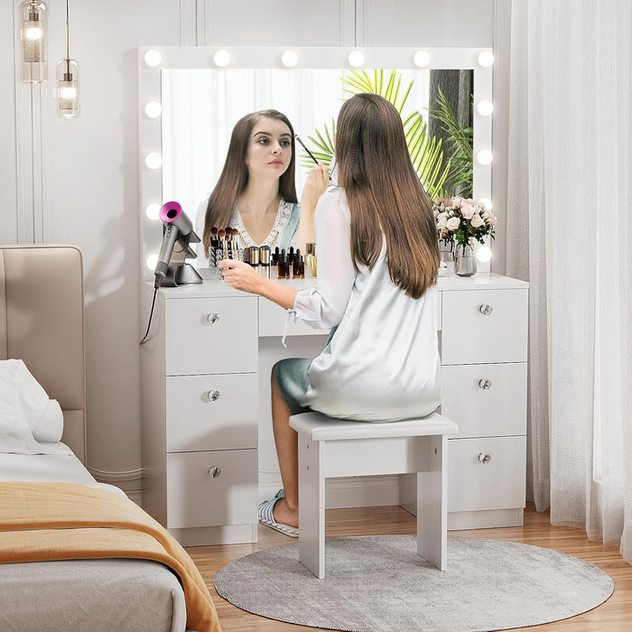 Vanity with Lighted Mirror - Makeup Vanity Desk with Power Outlet and 7 Drawers, 3 Color Lighting Modes Adjustable Brightness, 44" Vanity Table with Soft Cushioned Stool for Women Girls, White