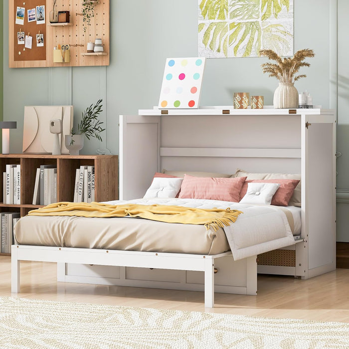 Full Murphy Bed with Storage Drawer, Cabinet Bed, Farmhouse Murphy Cabinet with Foldable Panel, Noisy Free, for Guest Bedroom, Living Room, White with Rattan