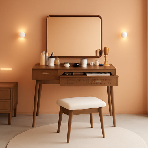 Wood Vanity with Mirror Light, Three-Drawer Vanity, Three-Color Adjustable Vanity Mirror, Suitable for Bedrooms and Dressing Rooms, Walnut Wood