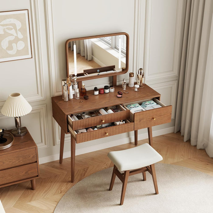 Wood Vanity with Mirror Light, Three-Drawer Vanity, Three-Color Adjustable Vanity Mirror, Suitable for Bedrooms and Dressing Rooms, Walnut Wood