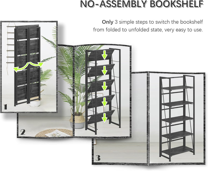 No Assembly Folding Bookshelf Book Shelves, 5-Tier 62.2"" H Collapsible Foldable Bookcase Storage Industrial Shelf for Living Room Bedroom Office