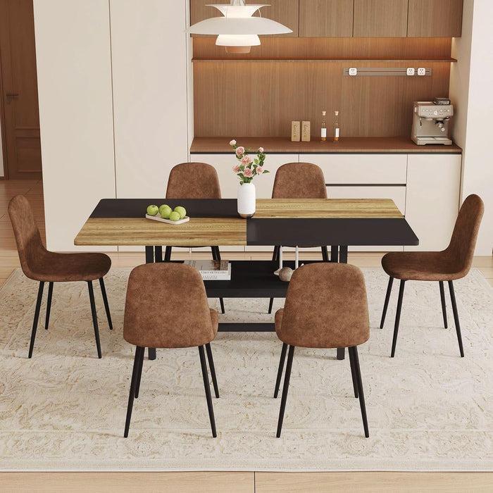 71" Farmhouse Dining Table Set for 6 - Wood Kitchen Table with Storage Shelf and Upholstered Chairs Set,Rectangular Dining Room Tables Set for Kitchen,Industrial Brown & Black Split-Color