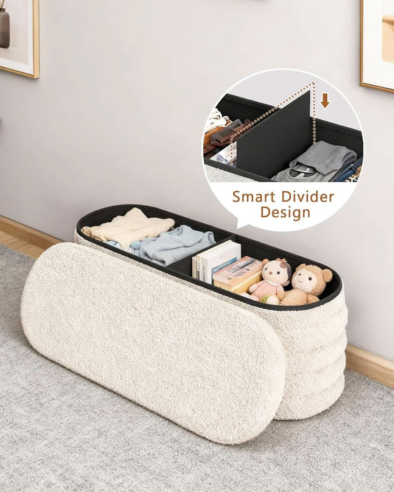 Storage Ottoman Bench, 43 Inch Upholstered Entryway Shoe Seat, End of Bed Stool Blanket Chest for Living Room, Hallway, Sherpa White