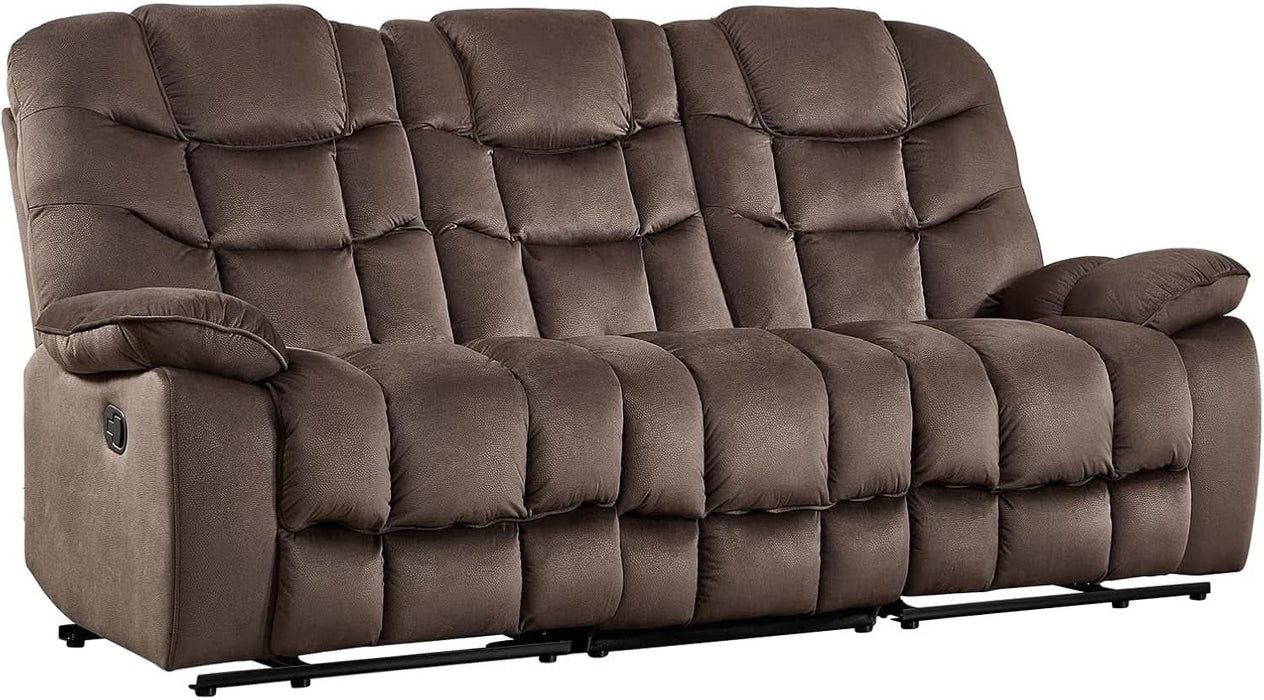 3 Seat Manual Reclining Sofa, Soft Fabric Recliner Couch with Padded Headrest and Armrests, 85" Wide Overstuffed 3-Seater Recliner Couches for Living Room, Brown