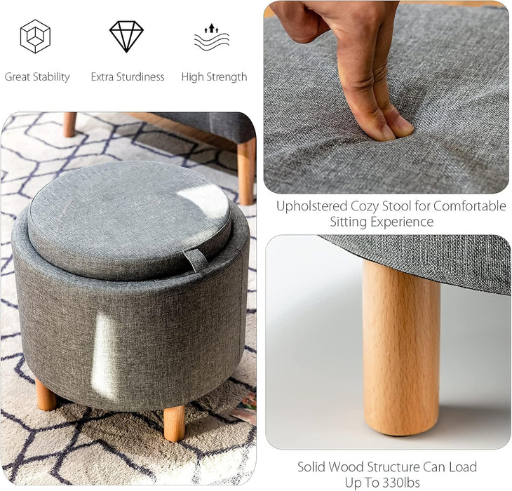 round Storage Ottoman with Tray Lid, Accent Storage Footstool W/Soft Padding, Fabric Sitting Stool W/Solid Wood Legs & Non-Slip Pads, Tray Top Coffee Table for Living Room, Bedroom (Grey)