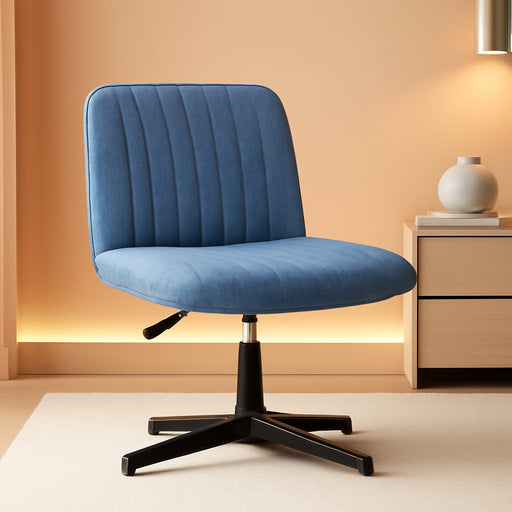 Cross Legged Office Desk Chair No Wheels Fabric Padded Modern Swivel Height Adjustable Wide Seat Computer Task Vanity Chair for Home Office Mid Back Accent Chair (Blue)
