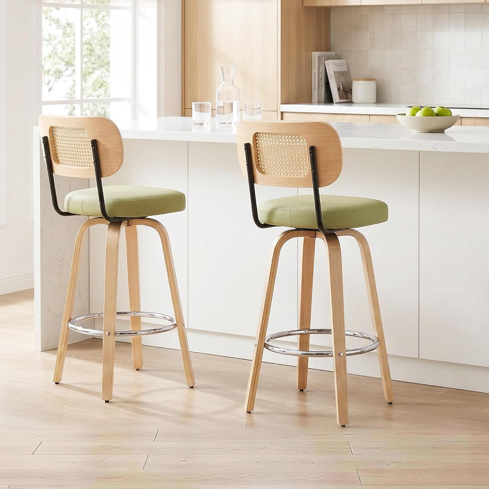 Rattan Bar Stools Set of 2,Upholstered PU Leather, 30''Counter Height Barstools with Back and Wood Legs,360°Swivel,Mid-Century Modern Bar Stool for Kitchen Island Dining Room and Bar(Grass Green)