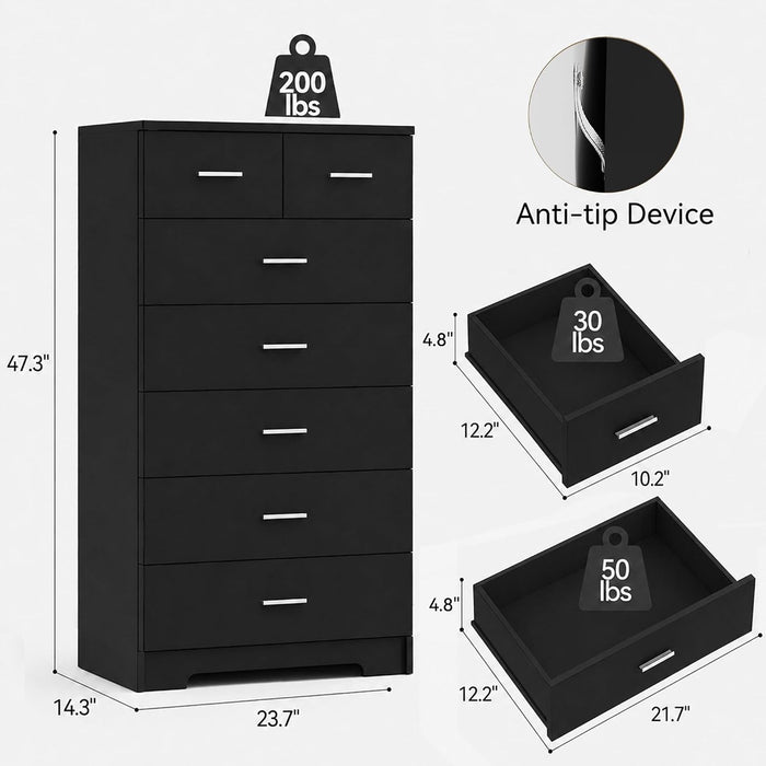 47.3" Tall Dresser with Charging Station Wooden 7 Drawer Dressers for Bedroom Chest of Drawers with Sliding Rails for Home Office Entryway Black