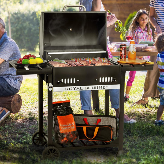 24-Inch Movable Charcoal BBQ Grill with Foldable Side Shelves, Temperature-Controlled, 461 Sq., Ideal for Backyard Party, Outdoor Picnic, Patio Cooking, Garden Grilling, Black