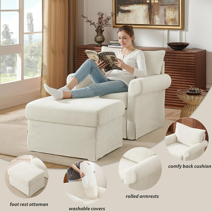Modern Accent Chairs with Ottoman Set, Comfy Chenille Reading Armchair with Rolled Arms and Cushion Backrest, 35.8" W Single Living Room Chairs for Bedroom, Study, Apartment, Beige