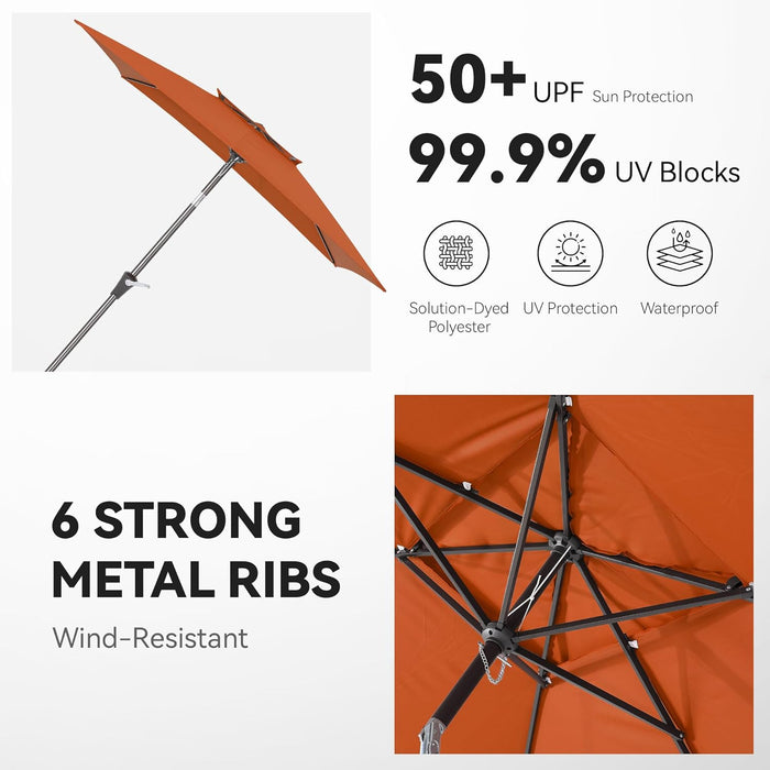 6.6 X 10 Ft Rectangular Patio Umbrella, Outdoor Market Table Umbrella with Push Button Tilt and Crank, Double-Tier Vent, 6 Ribs, Rectangle Patio Umbrella for Backyard, Deck, Pool, Fits 4–6 Chairs and Tables (Orange)