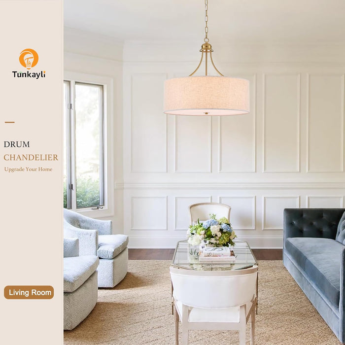21.8" Large Drum Chandelier, 6-Light Gold Linen Light Fixture