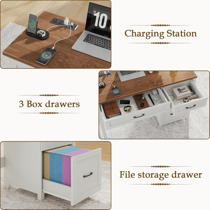 Farmhouse 47" Executive Desk, Computer Desk with File Drawer and Charging Station, Workstation for Home Office & Study.Off White