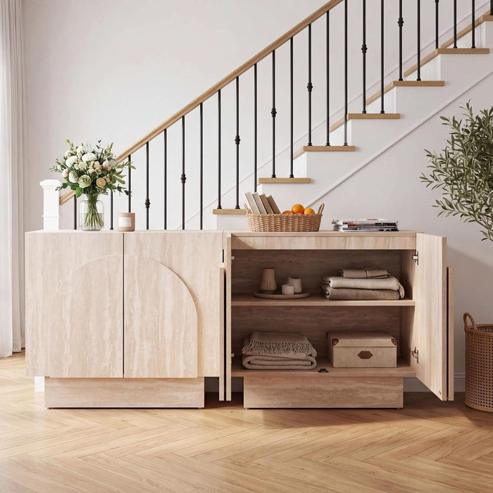 Buffet Cabinet with Storage, 31.5” Modern Sideboard Cabinet with Arched Doors & Shlef, Farmhouse Accent Media Console Credenza for Living Room/Dining/Kitchen/Entrayway, Travertine