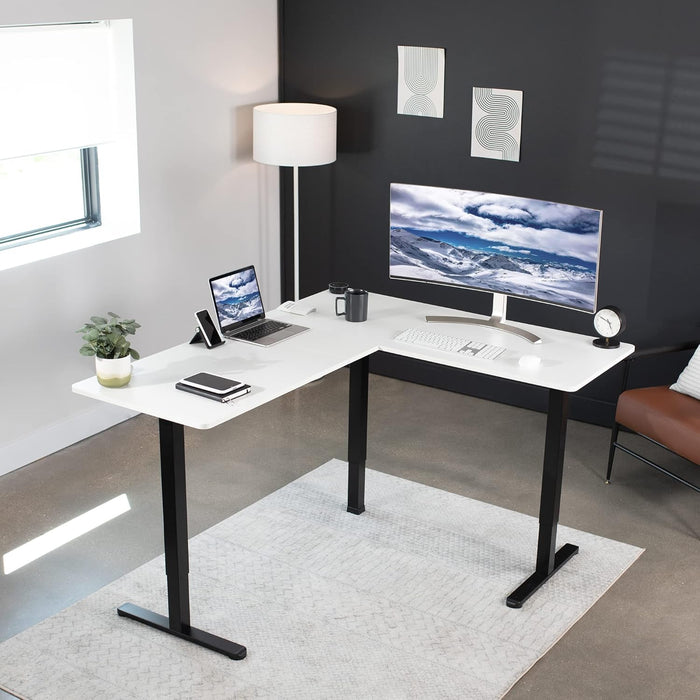 Corner Standing Desk, 63 X 55 Inch Reversible L-Shaped Workstation, Electric Height Adjustment, Home, Office, and Reception Rooms, White Table Top Black Frame, DESK-E3CTBW