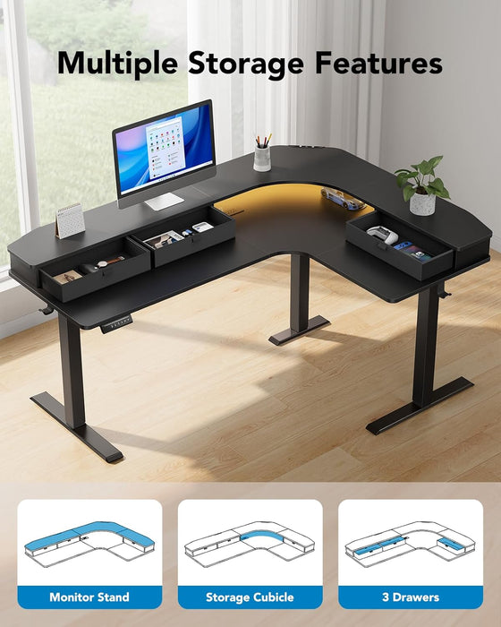 65″ L-Shaped Standing Desk with Power Outlets & LED Strip, Electric Height Adjustable Corner Computer Desk, Sit Stand up Desk with 3 Drawers, Black
