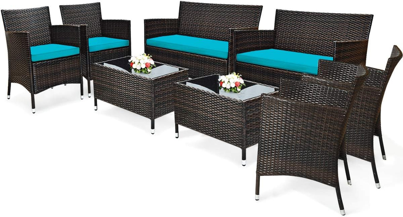 8 Pieces Patio Rattan Conversation Set with Tempered Glass Coffee Table & Thick Cushion, Wicker Set for Garden, Lawn, Poolside and Backyard