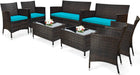 8 Pieces Patio Rattan Conversation Set with Tempered Glass Coffee Table & Thick Cushion, Wicker Set for Garden, Lawn, Poolside and Backyard