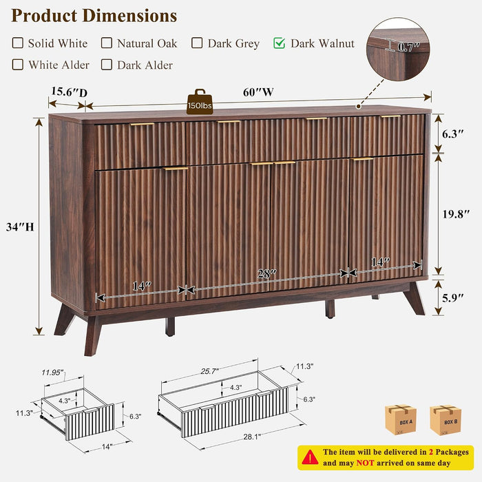 60 Inch Fluted Buffet Sideboard Cabinet, Dark Walnut | Modern Coffee Bar Storage Cabinet with 3 Drawers & 4 Doors, for Dining Room, Living Room, Hallway, Adjustable Shelves