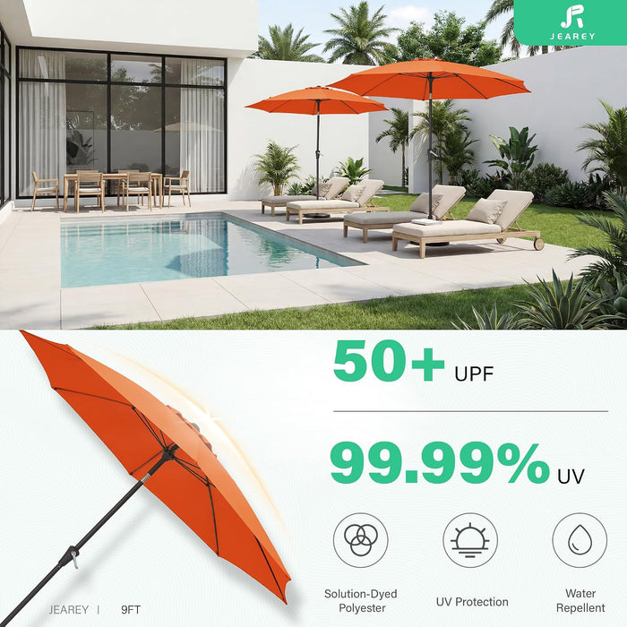 9FT Outdoor Patio Umbrella,Market Table Umbrella with 8 Fiberglass Ribs, Pool Umbrella with Tilt and Crank, UV Protection Lightweight & Wind-Resistant for Lawn, Garden, Deck and Backyard, Orange