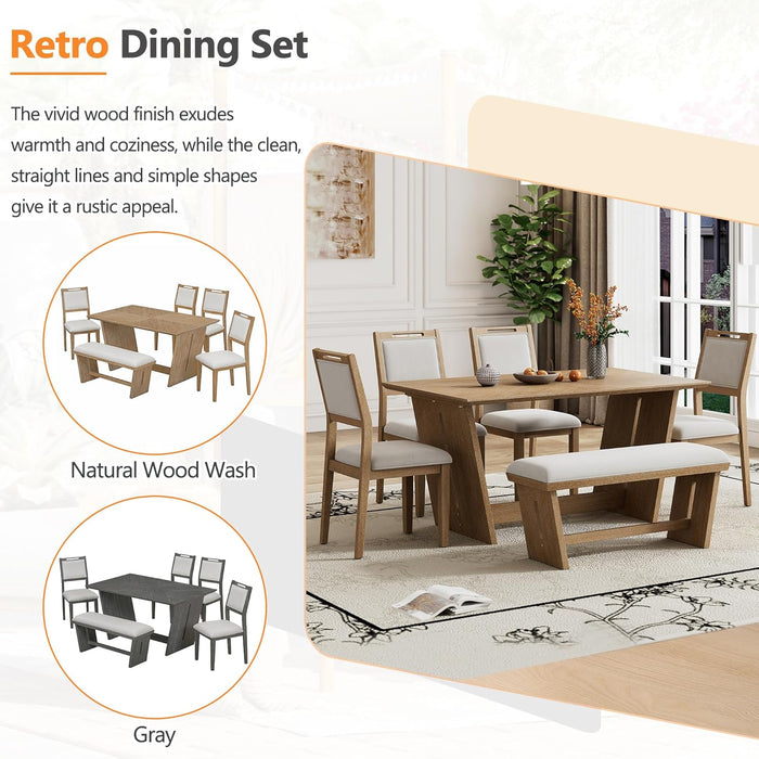 6-Piece Retro Dining Set, 1 Rectangular Table with Stable Trapezoidal Table Base and 4 Upholstered Chairs and 1 Bench for Dining Room and Kitchen, Natural Wood Wash