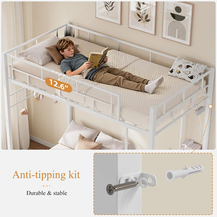 Twin Over Twin White Bunk Bed LShapedDeskWithChargingAndStorage