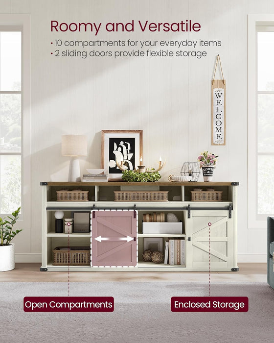 TV Stand for Tvs up to 75 Inches, Farmhouse Entertainment Center with Sliding Barn Doors, Console Table for Living Room, Rustic White and Honey Brown ULTV323W02