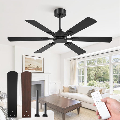 52 Inch Ceiling Fans No Light with Remote, Modern Ceiling Fan without Light, Dual Finish 6 Blades, Reversible Quiet DC Motor, 6 Speed, Large Ceiling Fan for Indoor or Covered Outdoor, Black