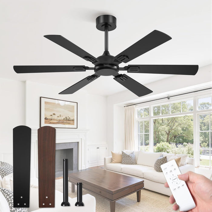 52 Inch Ceiling Fans No Light with Remote, Modern Ceiling Fan without Light, Dual Finish 6 Blades, Reversible Quiet DC Motor, 6 Speed, Large Ceiling Fan for Indoor or Covered Outdoor, Black