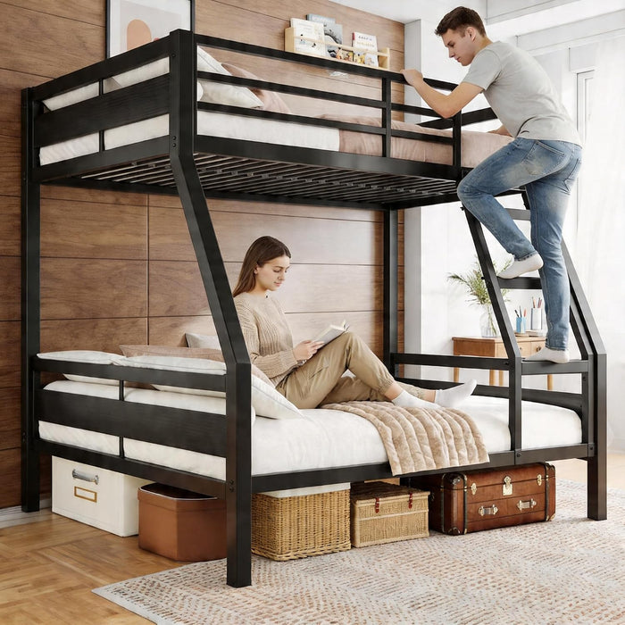 Twin Over Full Bunk Bed HeavyDutyIndustrialStrengthBlack Guardrail