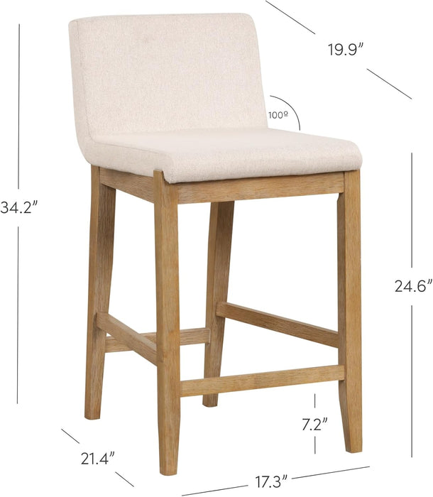 Gracie Modern Counter Height Bar Stool with Back, Counter Stool Upholstered Chair with Natural Flax White Fabric and Brushed Wooden Legs, Natural Flax/Brown, Set of 4