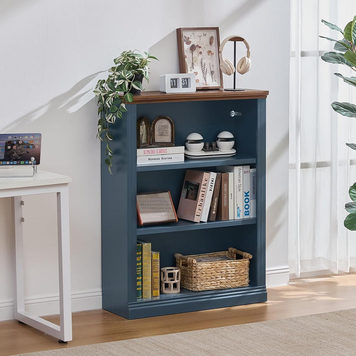 43" Blue Bookshelf, 3 Tier Farmhouse Small Wooden Book Shelf