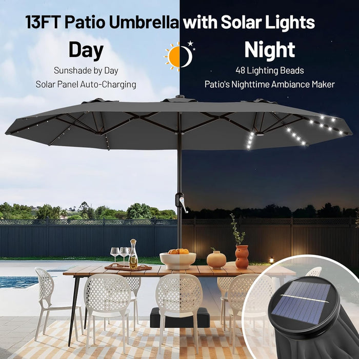 13 foot patio umbrella with solar lights ft Double-Sided Large Rectangle Market Umbrella 36 LED Lights-Wine duty casters PURPLE LEAF Round Solar Lighted