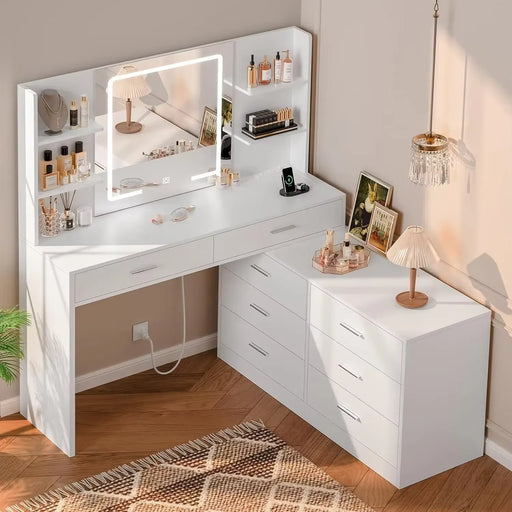 With LED Lighted Mirror & Power Outlet, Modern Corner Makeup Vanity Table, Dressing Table for Bedroom, Makeup Room